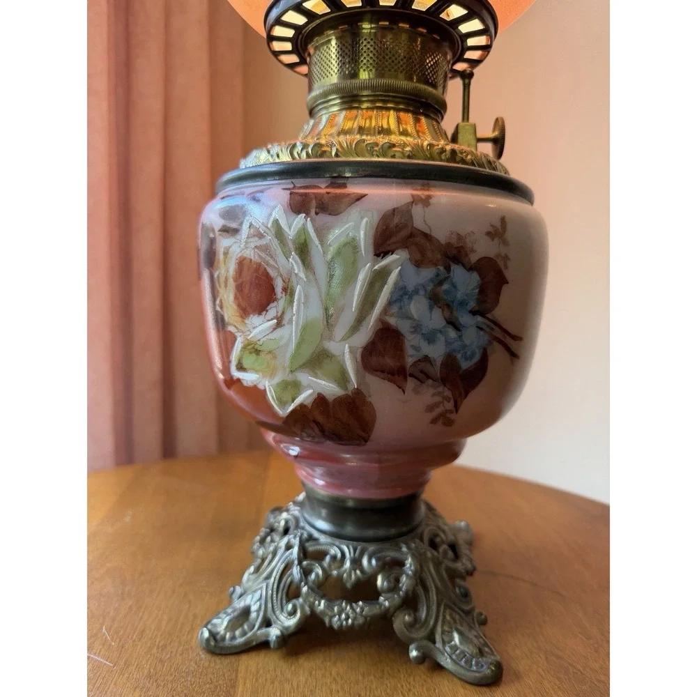 Antique GONE WITH THE WIND Lamp Electrified Oil Lamp Painted ROSES 24